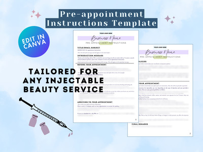 1. Editable Med Spa Pre-Appointment Instructions 2. Printable Aesthetic Pre-visit Guide 3. Injectables What to Expect Template 4. Instant Download Pre-Appointment Guide 5. Customizable Med Spa Pre-visit Instructions