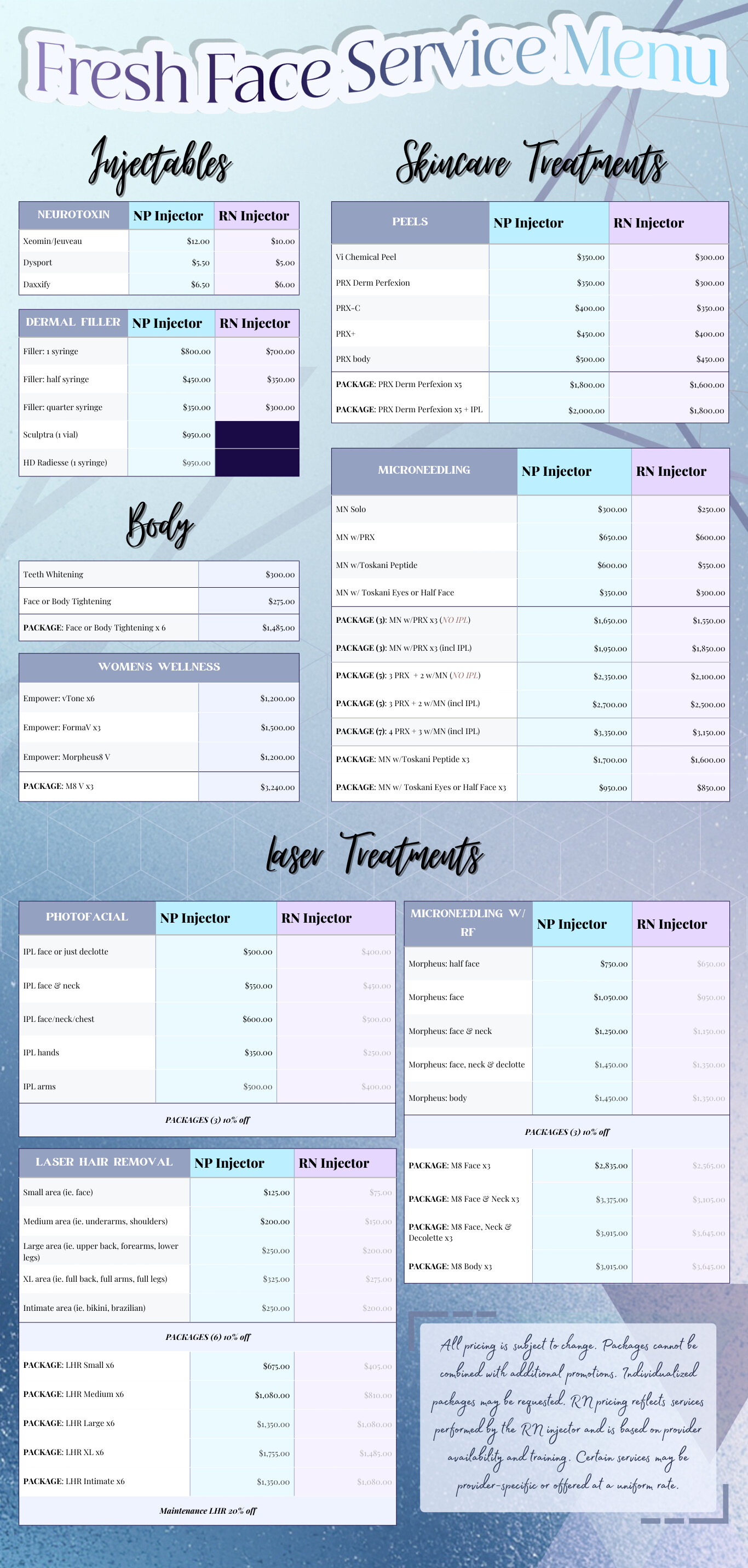 Fresh Face Service Menu Prices